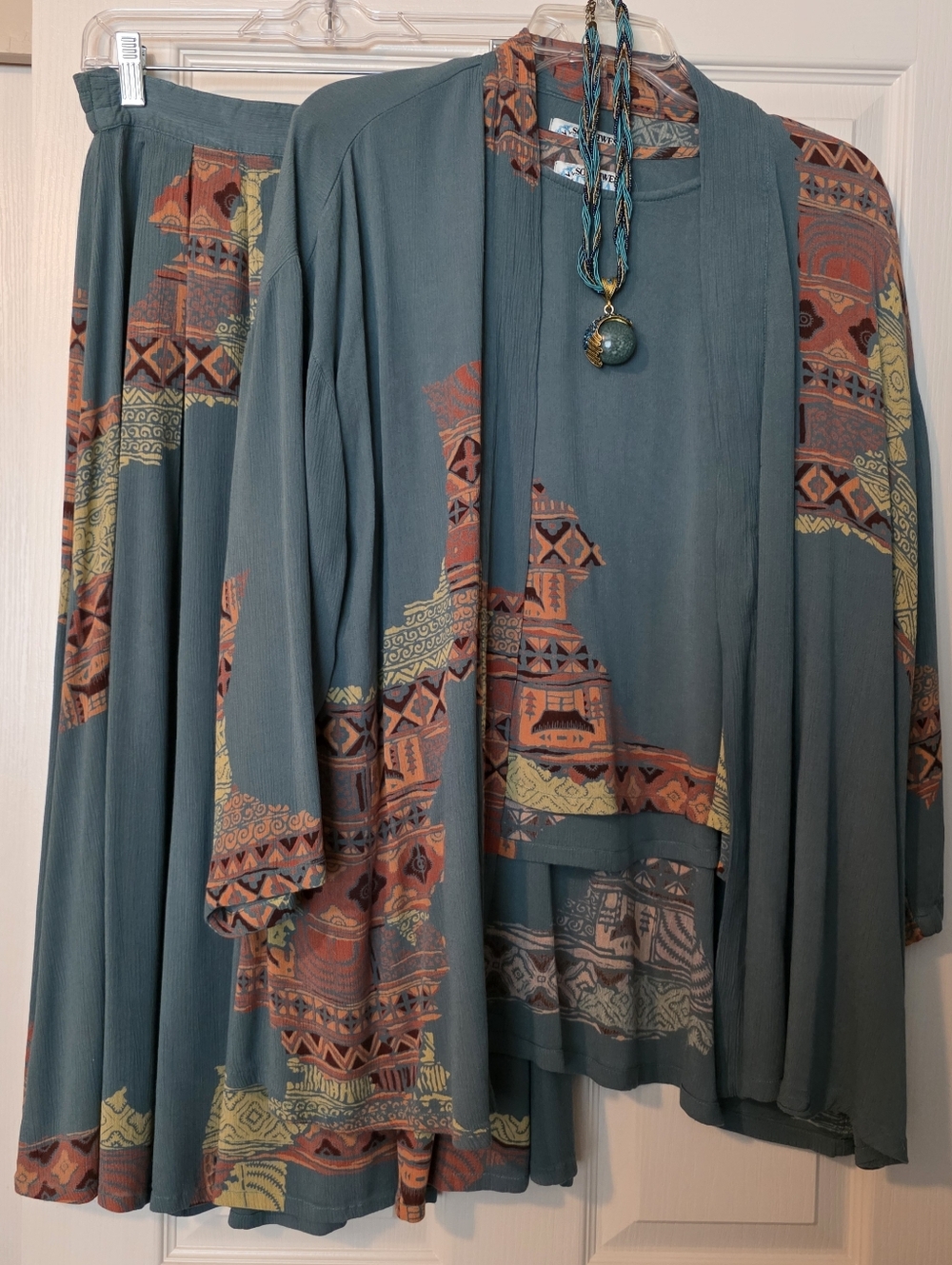 Southwest Indian Foundation 3-Piece Skirt Set Teal w/ Aztec Pattern Size M